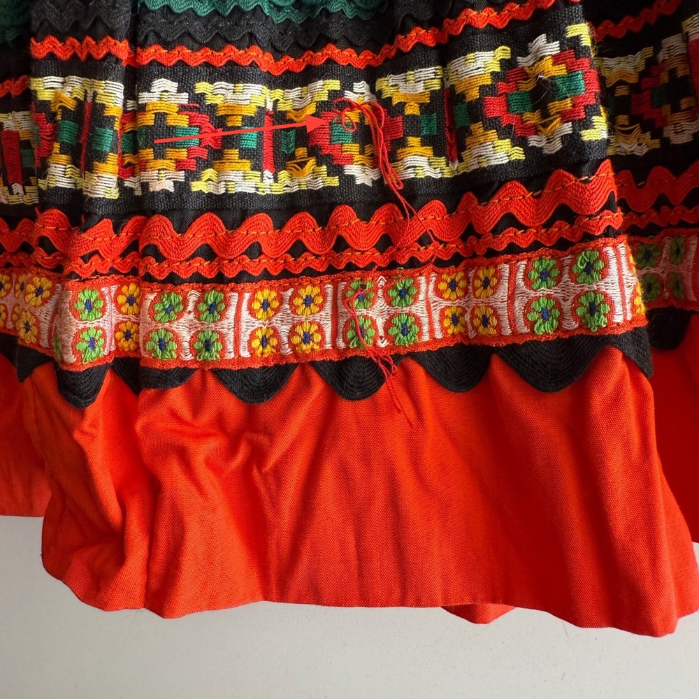 VTG Ribbon Ric Rac Flounce Colorful Red Black Rainbow Handmade Fiesta Skirt S - Picture 10 of 10